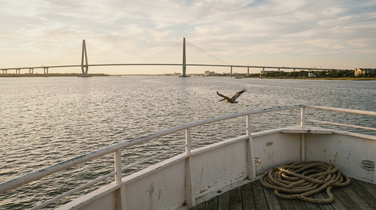 View from the bow toward the Ravenel Bridge with a brown pelican gliding past, what you'll see on a Charleston Harbor dinner cruise