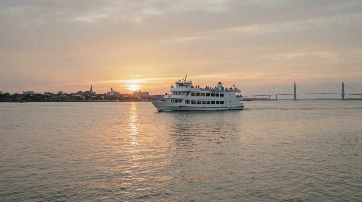 Dinner cruise boat crossing Charleston Harbor at a vivid April sunset, the best time for a Charleston sunset dinner cruise