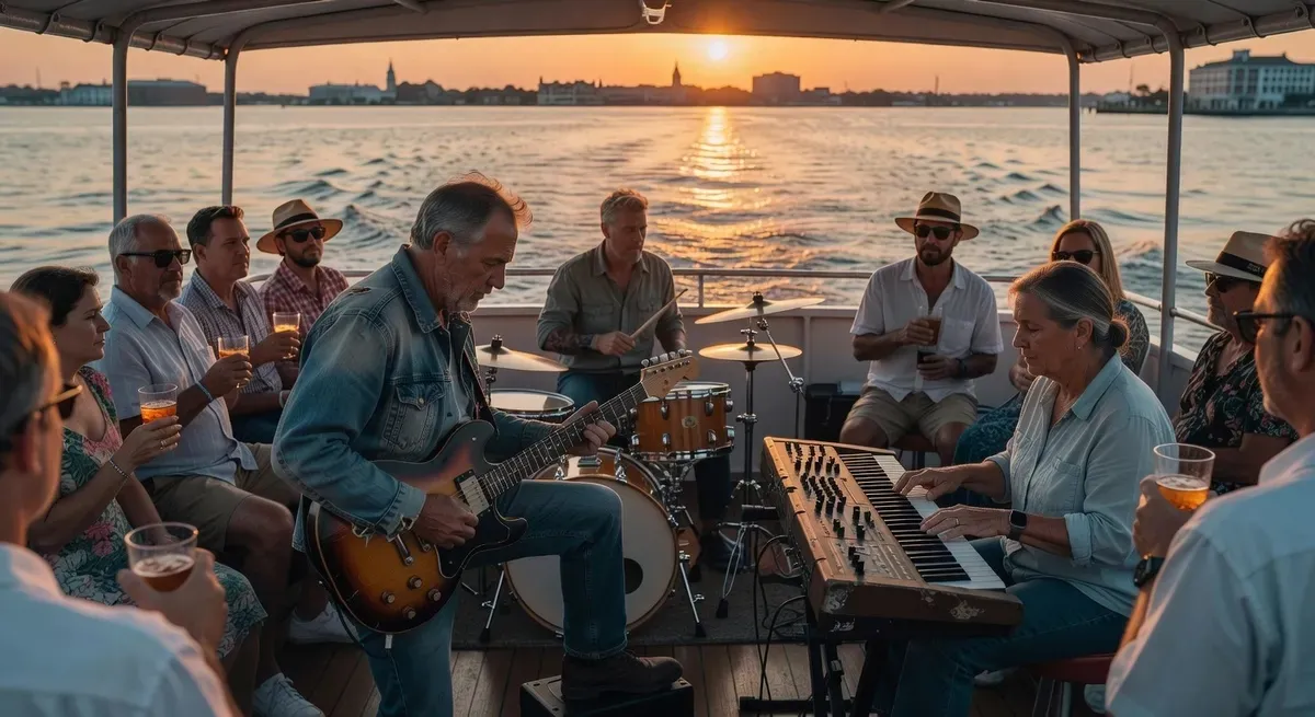 Passengers dining and enjoying live music on the open deck of a Charleston Harbor dinner cruise at golden hour