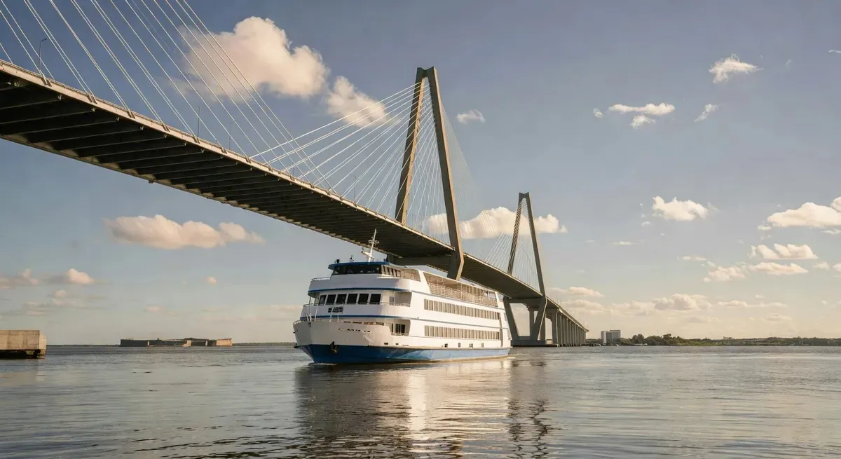 Panoramic view of Charleston Harbor from the dinner cruise — Fort Sumter and historic waterfront visible at sunset