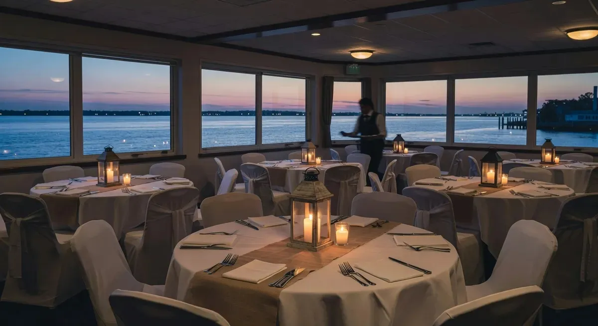 Passengers aboard a luxury Charleston Harbor dinner cruise with panoramic harbor views and live entertainment at sunset