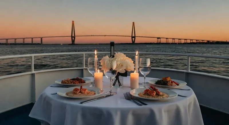 Elegant three-course dinner cruise sailing past Fort Sumter at sunset on a Charleston Harbor dinner cruise